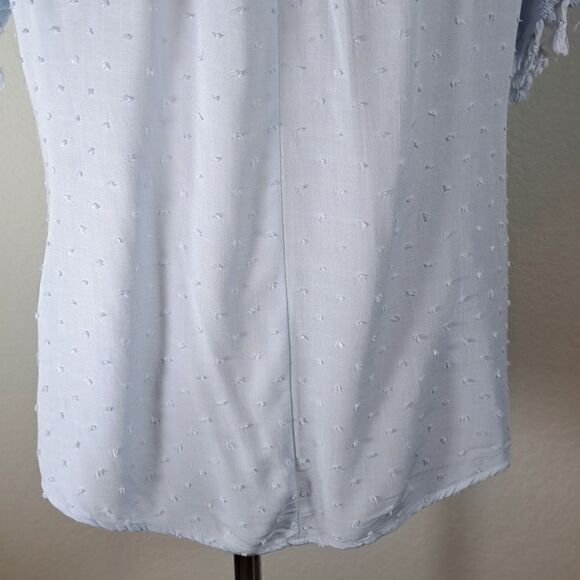 Umgee Women’s Top Powder Blue Swiss Dot Square Neckline Lace Detail Tassels Med - Picture 7 of 15